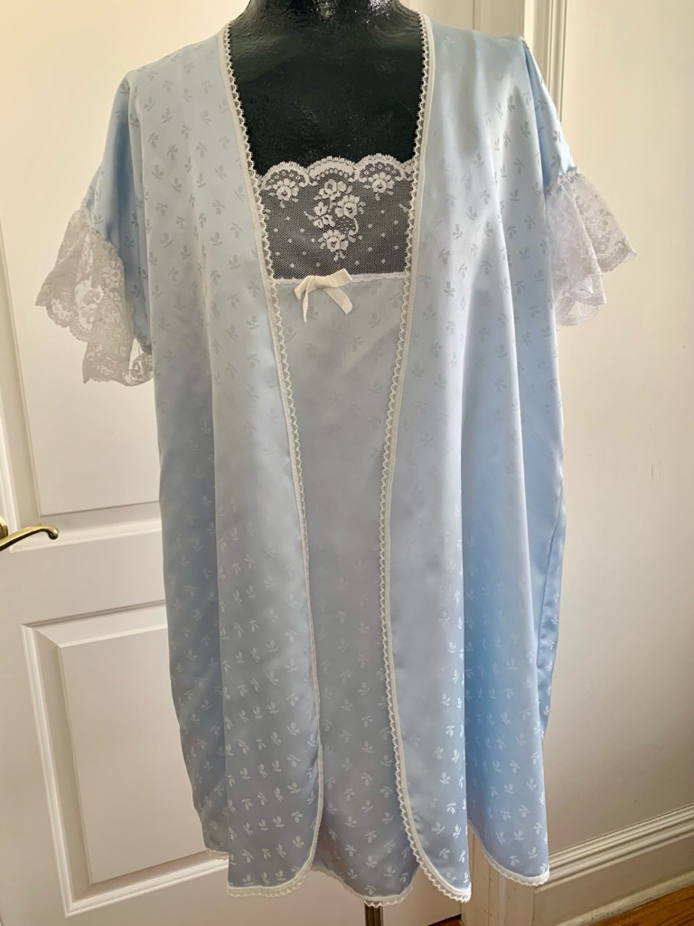 Light Blue Lace-Trim Satin Robe and Nightgown Set